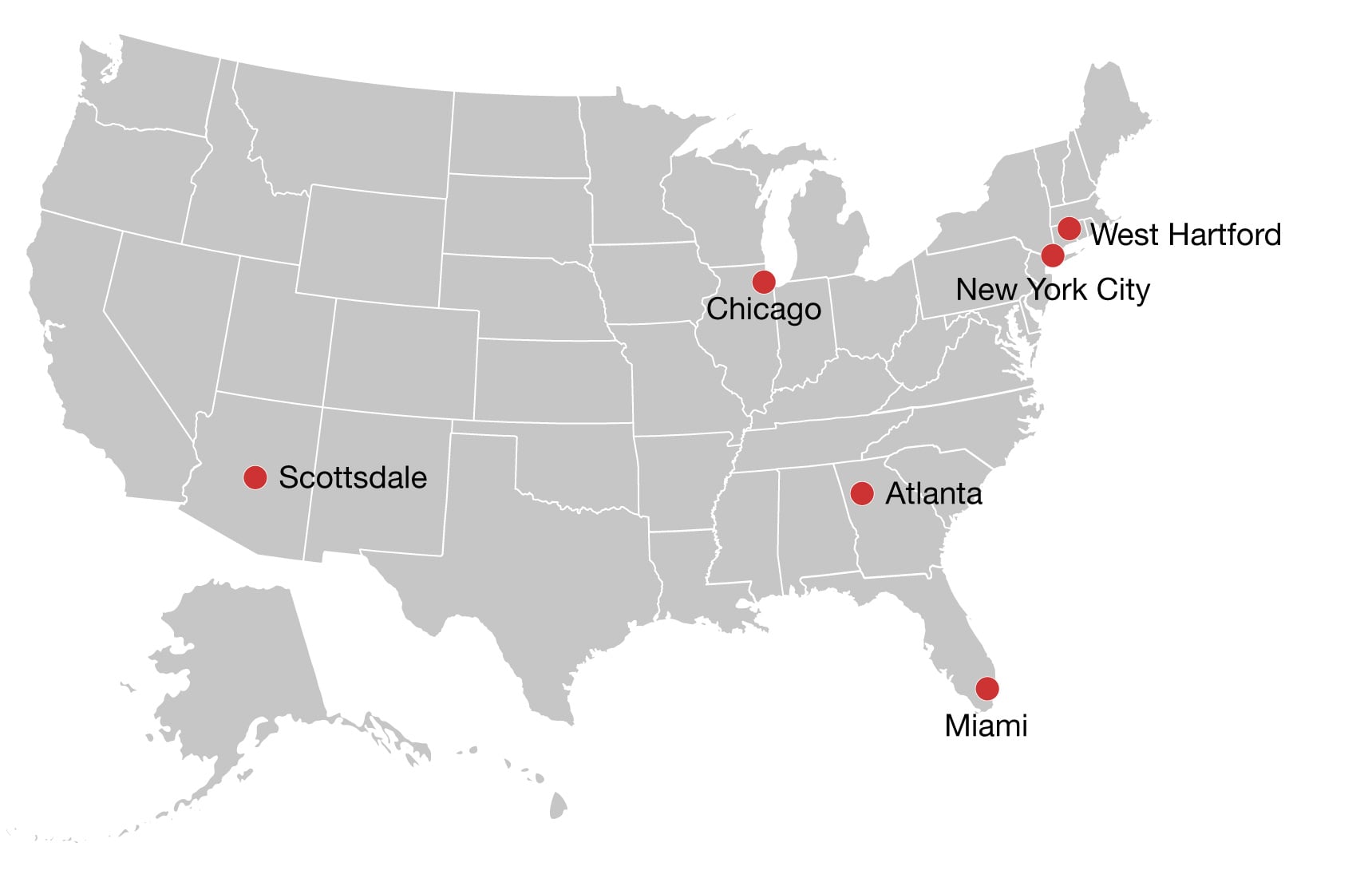 Map of USA with Hiscox Office locations marked