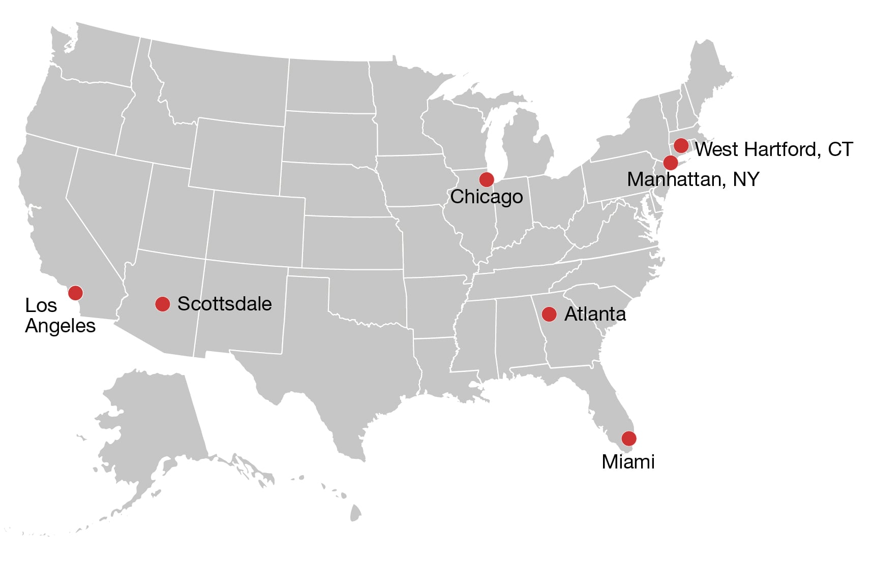 Map of USA with Hiscox Office locations marked