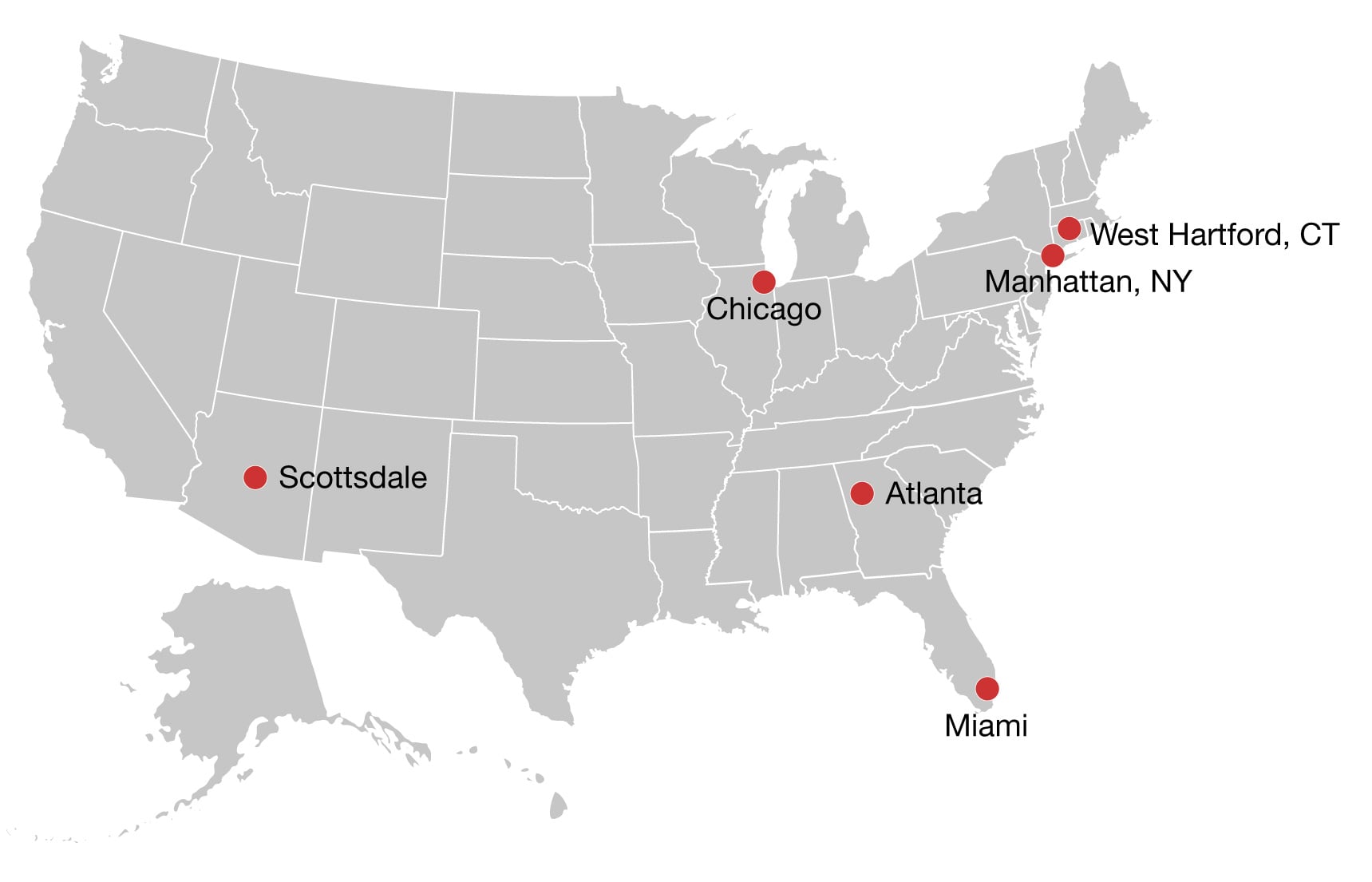 Map of USA with Hiscox Office locations marked