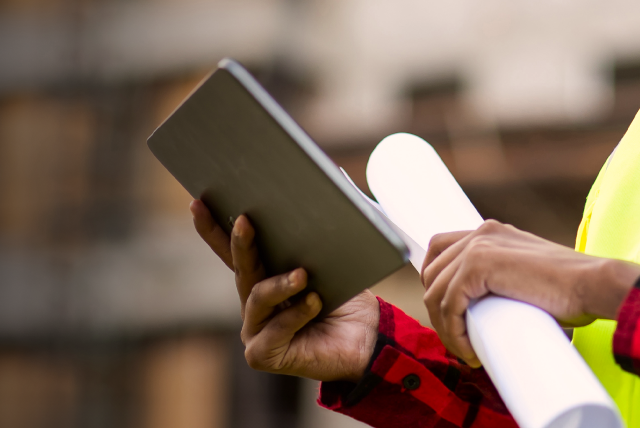 Person holding a tablet and rolled blueprint at a work site