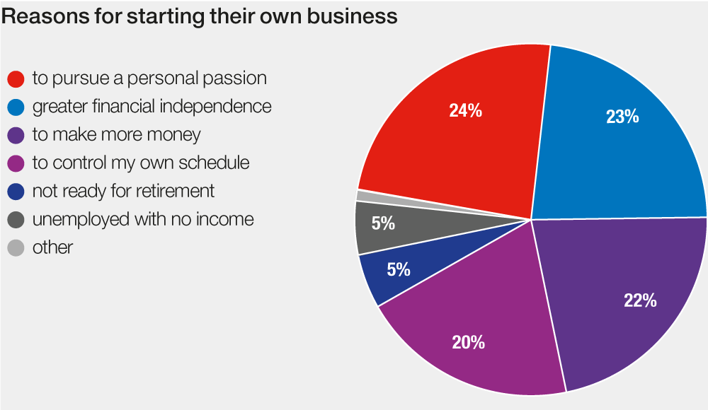 Pie chart showing reasons encore entrepreneurs start their own business