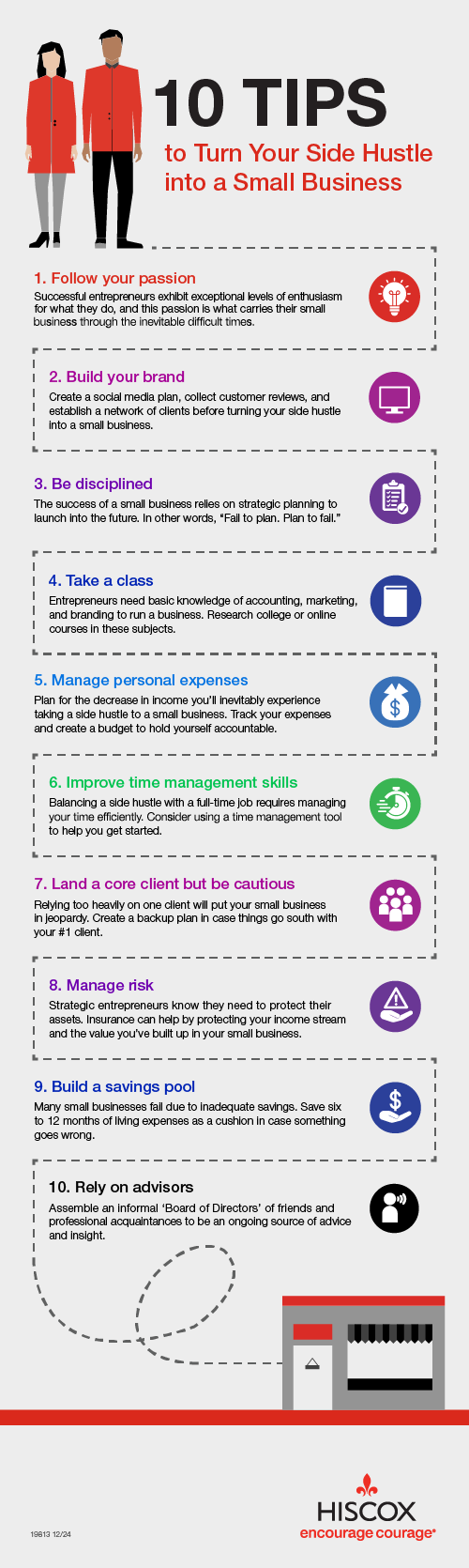 infographic showing 10 tips to turn your side hustle into small business