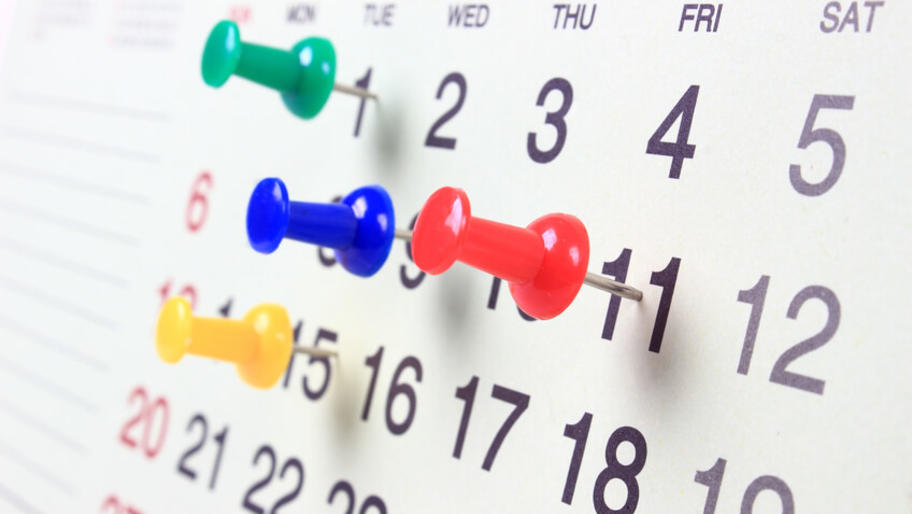a calendar with multicolored pins marking important wedding dates