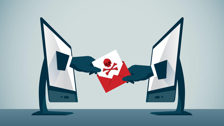 Two computer screens facing each other with hands coming out of them, exchanging a letter with a skull and bones on the front. Representing a phishing email.