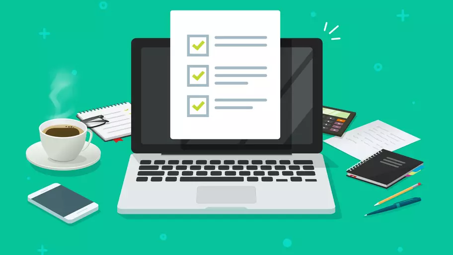 Laptop screen with check-marked boxes, smart phone, calculator, coffee, and notebook to reflect small business resources.