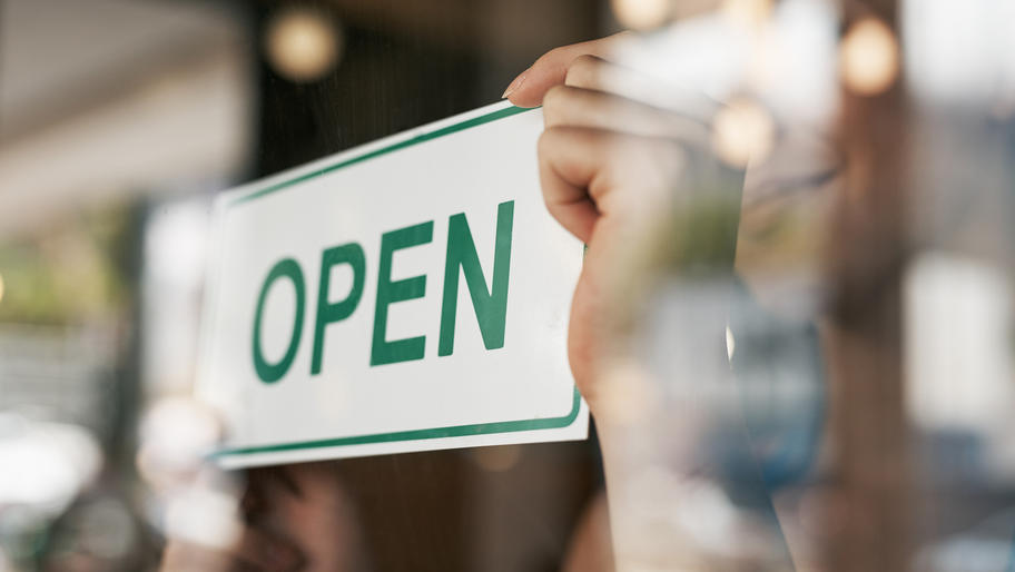 Business reopening guidelines. Green open sign. Small business.