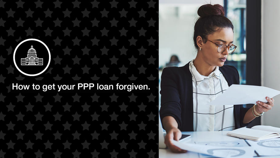 Howto have your PPP loan forgiven. Woman looking at papers. Small business owner.
