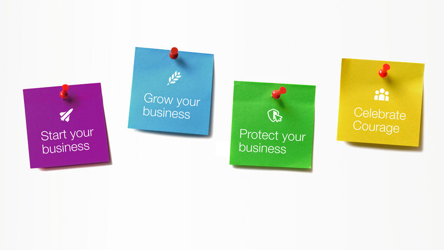 Blog pillars on sticky notes: Start your business, Grow your business, Protect your business, Celebrate courage