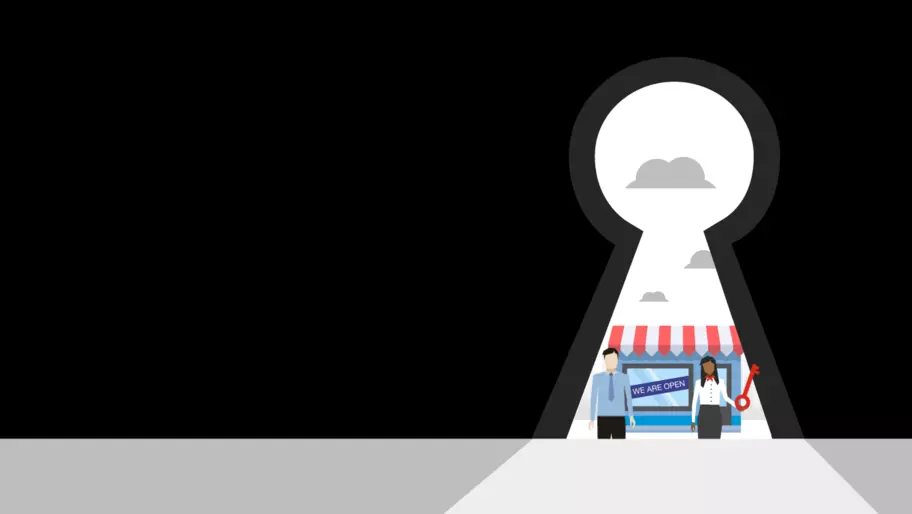 Black background with cut out of keyhole. Image of storefront and small business owners. Hispanic small business owners during covid-19.