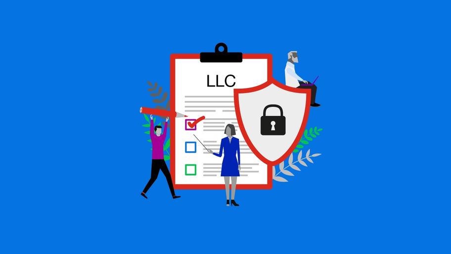 Clipboard with the word "LLC." Checklist. Badge with lock. Business insurance for LLCs.