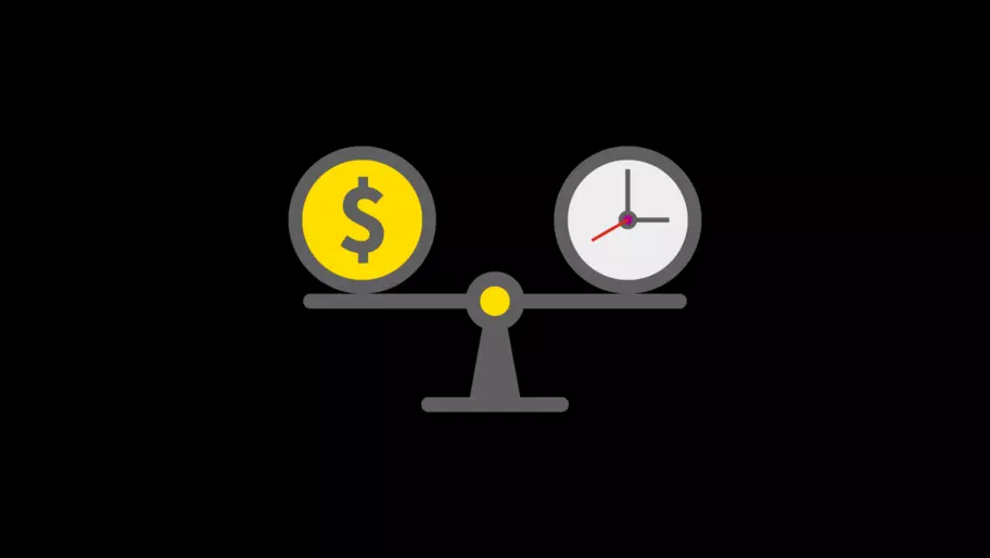 Scale with dollar sign and clock. Residual income. passive income.
