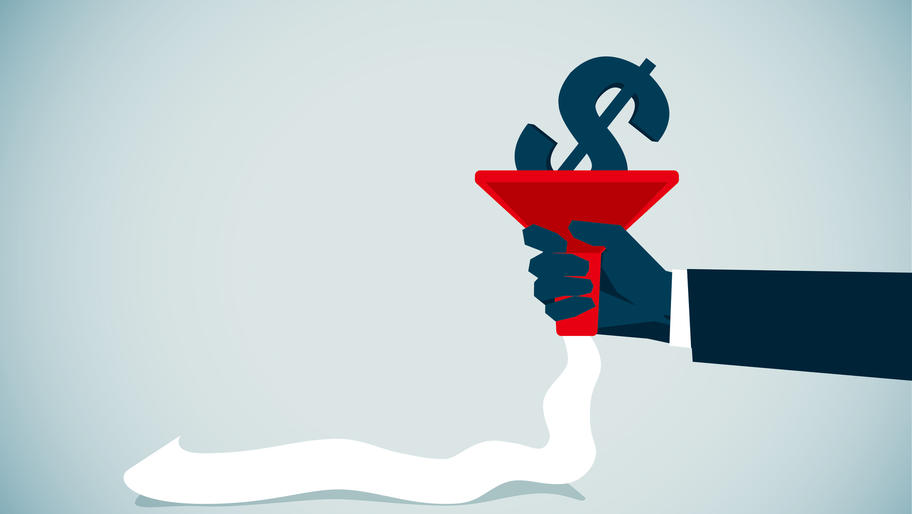 Vector image of man's hand holding funnel with dollar sign at the top and receipt paper coming out of the other end. Payroll taxes for small business.