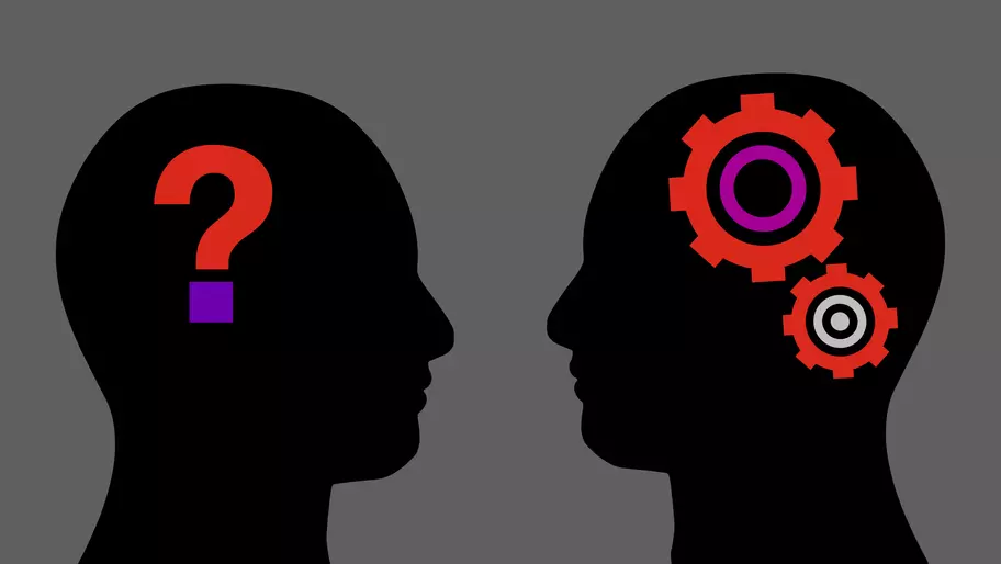 Illustration of two heads facing each other with question mark icon and gear icon. Unconscious bias training for small business.