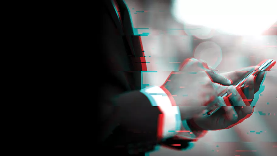 Businessman holding smart phone. Image glitch. Cyber attack.