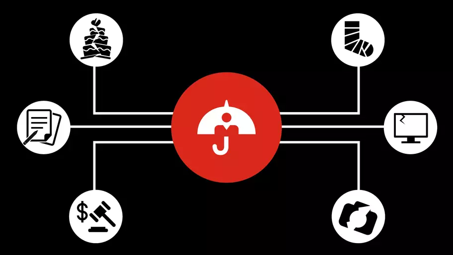 Icons representing insurance: Umbrella, broken foot, broken camera, smashed wedding cake. Business insurance.