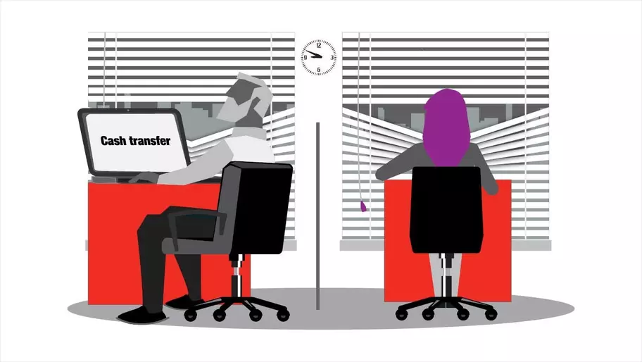 male and female employees in office, working from laptops. Fraud and embezzlement.