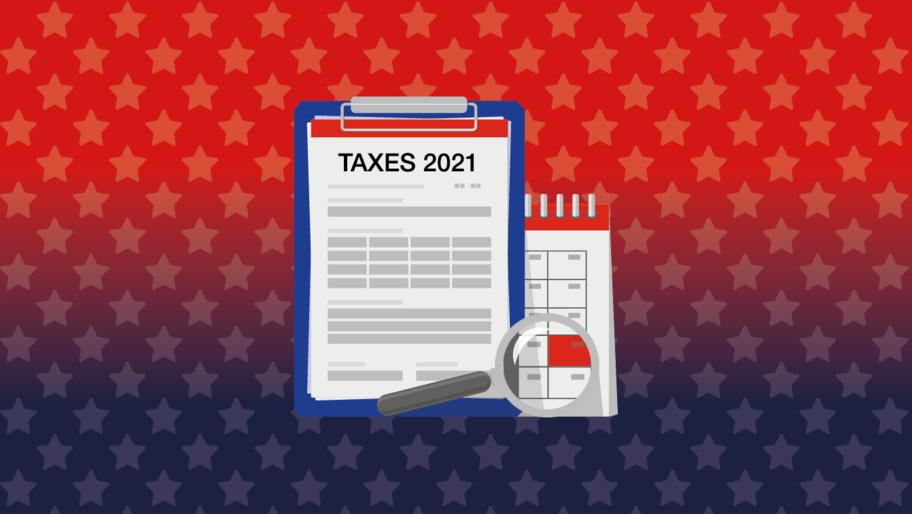 2021 taxes. Red, white, blue. Stars. Clipboard.