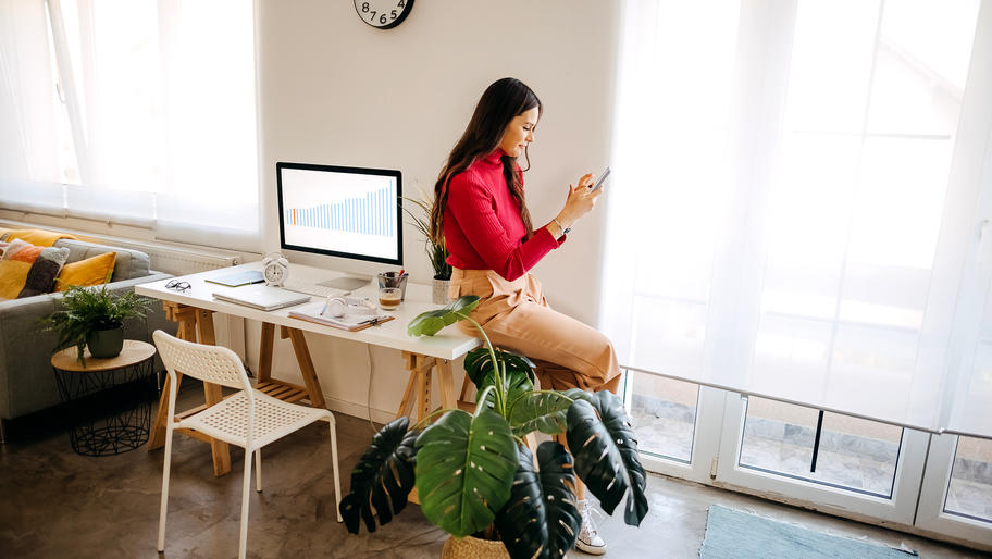 female entrepreneur works on her mobile device in office