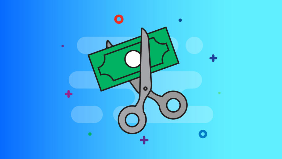 scissors cutting money on blue background. Cut business expeneses with these tips