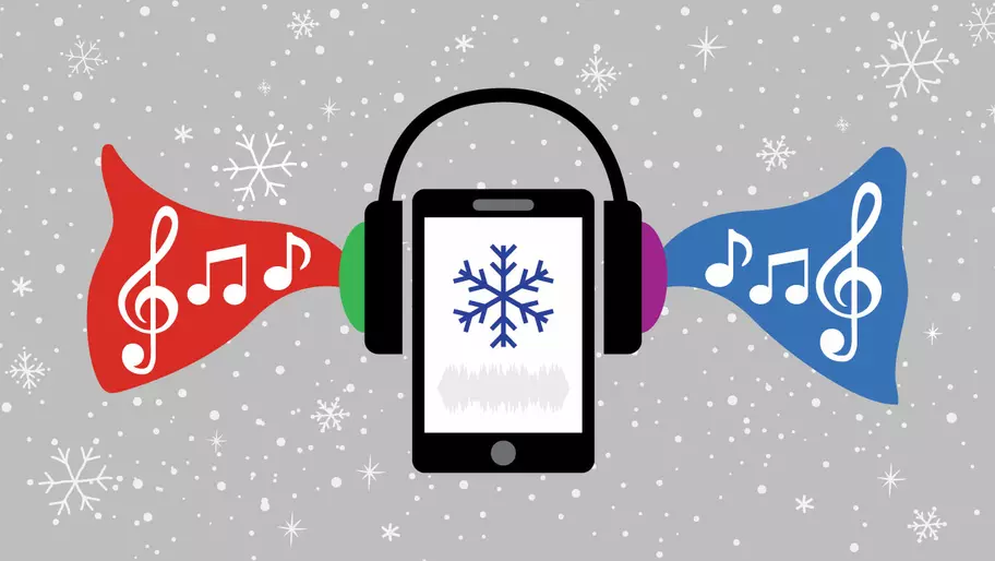 Mobie device with headphones on. Music notes displayed on gray background with white snoflakes