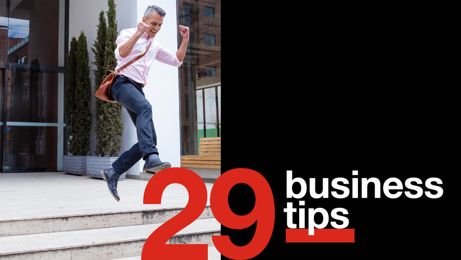 small business owner leaping with 29 business tips for Leap Day