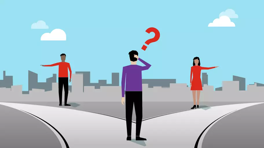 Animated business owners choosing which insurance is right for them. Blue sky background with red question marks overhead.