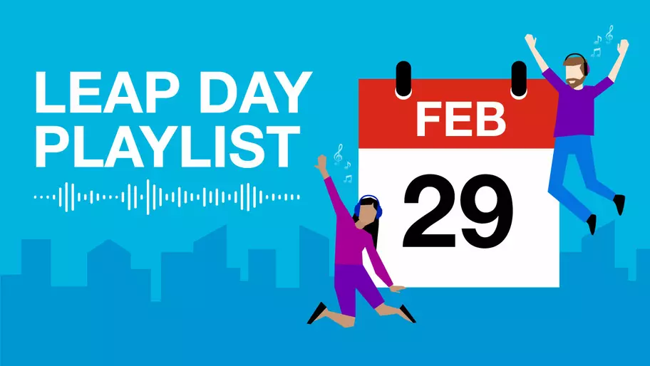 leap day playlist for February 29. Calendar page on blue background.
