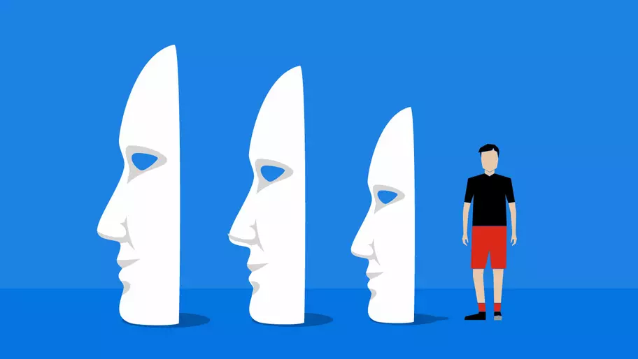blue background with nesting white masks followed by an animated person highlighting an imposter