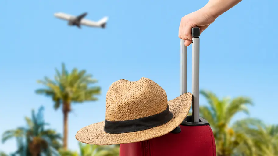 small business owner standing with suitcase amidst sunny blue skies, ready for some time off