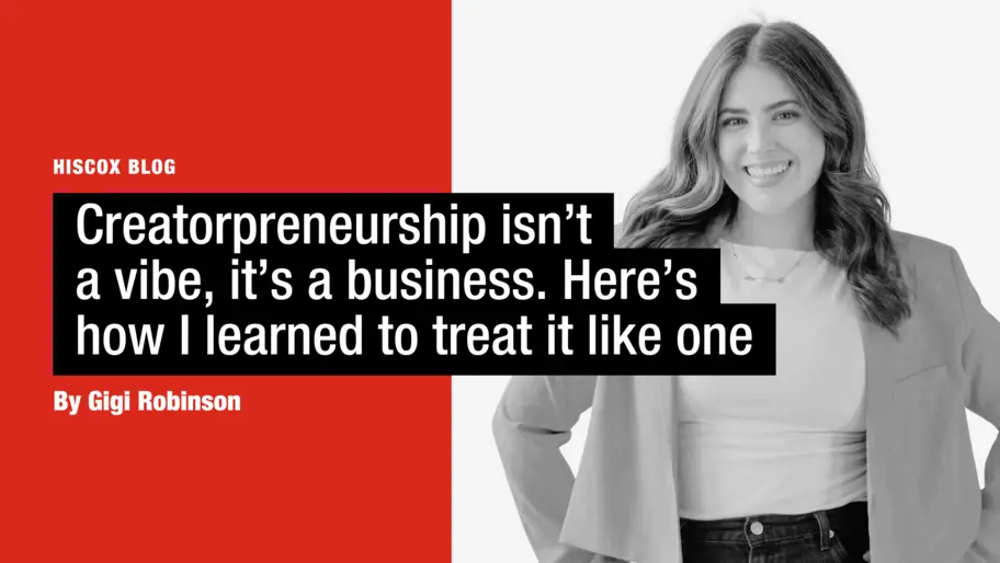 black and white image of Gigi Robinson on the right, with red banner on the left talking about content creation.