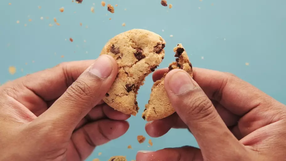 cookie in business owners hand as it crumbles in two pieces in front of light blue background