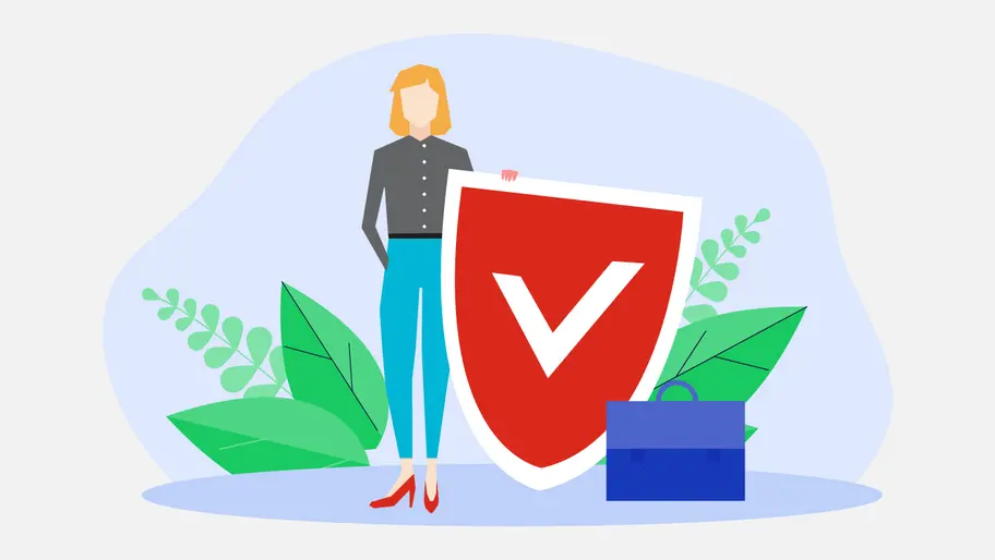 artistic rendering of business owner standing with red sheild with a checkmark, protecting their business with proper insurance.