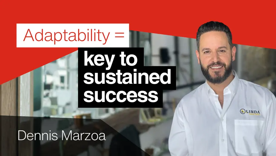 Headshot of Dennis Marzoa with title 'Adaptability = key to sustained success" in the middle of screen