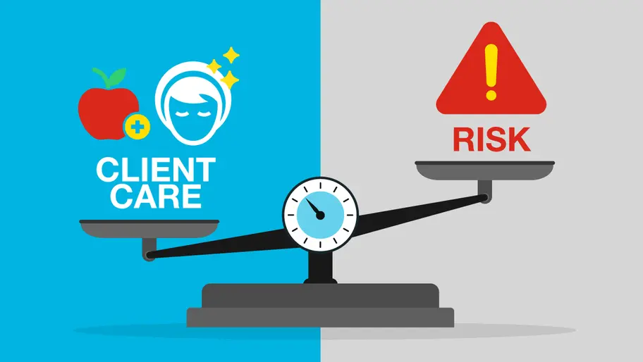 Illustration showing a scale balancing client care and business risk, highlighting the importance of managing risk for small business owners.