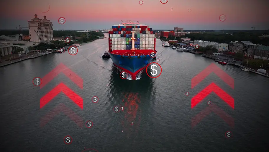 Container ship carrying cargo through port with dollar symbols and rising arrows, representing tariff costs and potential refunds for importers.