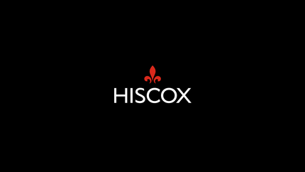 Hiscox white logo on top of a solid black background
