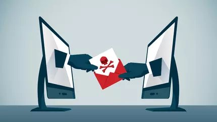 Two computer screens facing each other with hands coming out of them, exchanging a letter with a skull and bones on the front. Representing a phishing email.