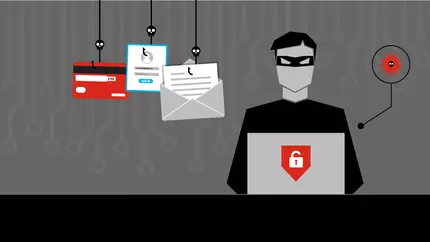Animated man sitting in front of laptop screen. Fishing hooks with credit card dangling. Email security.