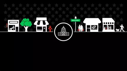Illustration of small business owners and storefront. Icon of government building. Main Street Lending Program.