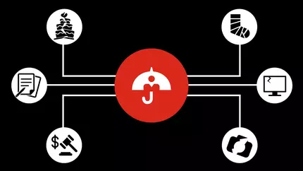 Icons representing insurance: Umbrella, broken foot, broken camera, smashed wedding cake. Business insurance.