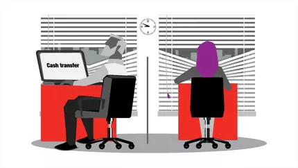 male and female employees in office, working from laptops. Fraud and embezzlement.