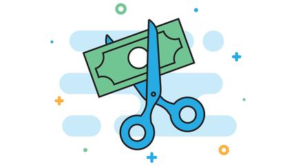 Scissors cutting a dollar bill. Business expenses and budget. 