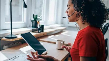 Female IT consultant at desk assisting one of her clients