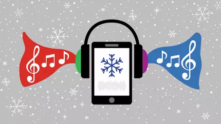 Mobie device with headphones on. Music notes displayed on gray background with white snoflakes