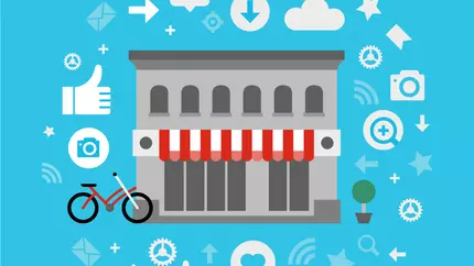 Animated storefront against aqua blue background that would qualify as a small business. 