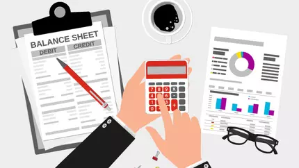 small business cash flow balance sheet with clipboard and calculator