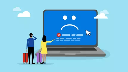 animated business travelers in front of laptop with blue sceen on display