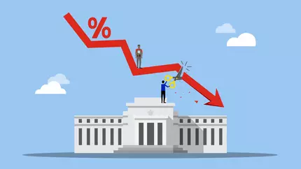 Declining red arrow amidst blue sky background, illustrating declining interest rates