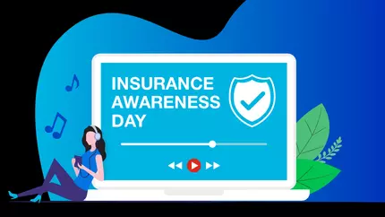 animated business owner sitting with headphones celebrating Insurance Awareness Day with playlist on laptop