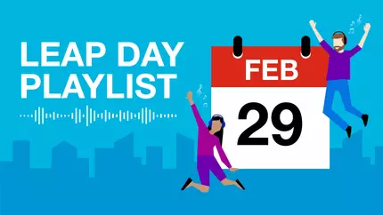 leap day playlist for February 29. Calendar page on blue background.